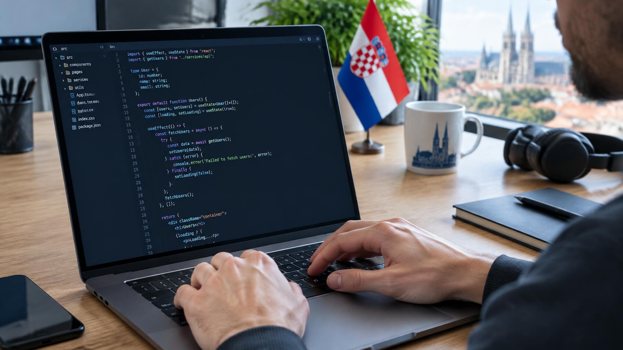 Close up of hands typing code on a laptop keyboard